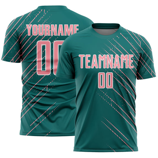 Custom Teal Medium Pink-White Lines Sports Sublimation Soccer Uniform Jersey - Main View