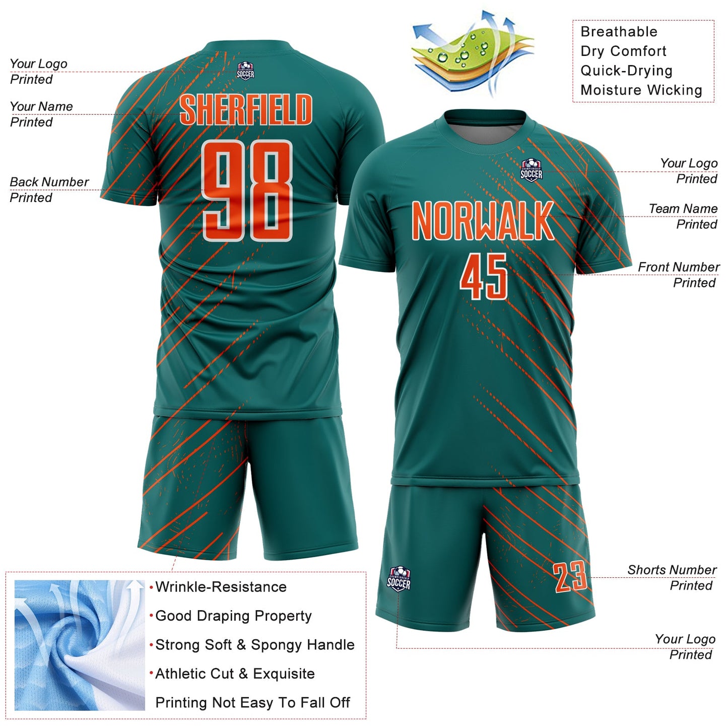Custom Teal Orange-White Lines Sports Sublimation Soccer Uniform Jersey view 4