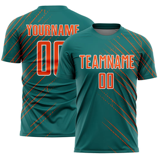 Custom Teal Orange-White Lines Sports Sublimation Soccer Uniform Jersey - Main View
