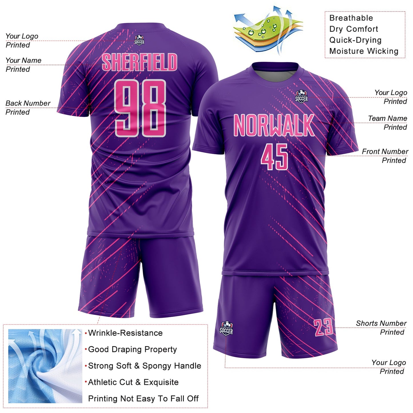 Custom Purple Pink-White Lines Sports Sublimation Soccer Uniform Jersey view 4