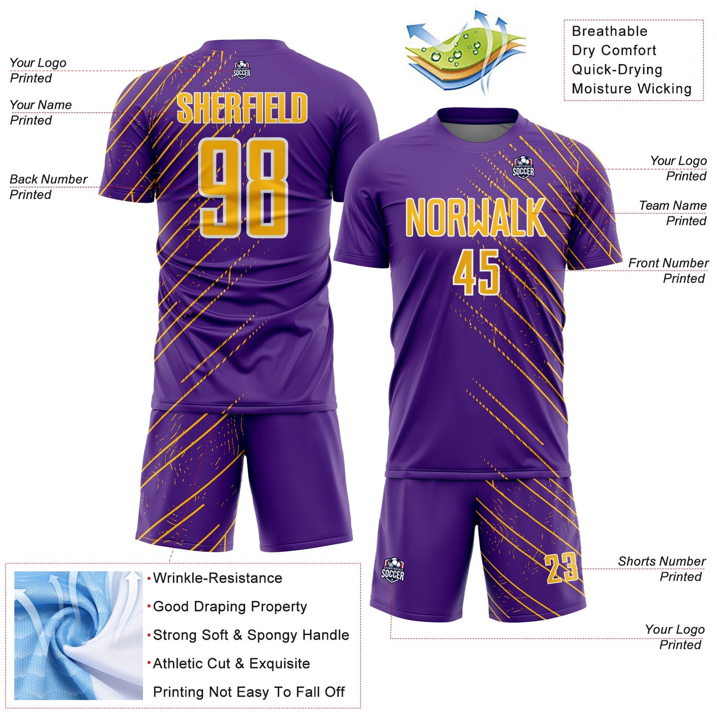 Custom Purple Gold-White Lines Sports Sublimation Soccer Uniform Jersey view 4