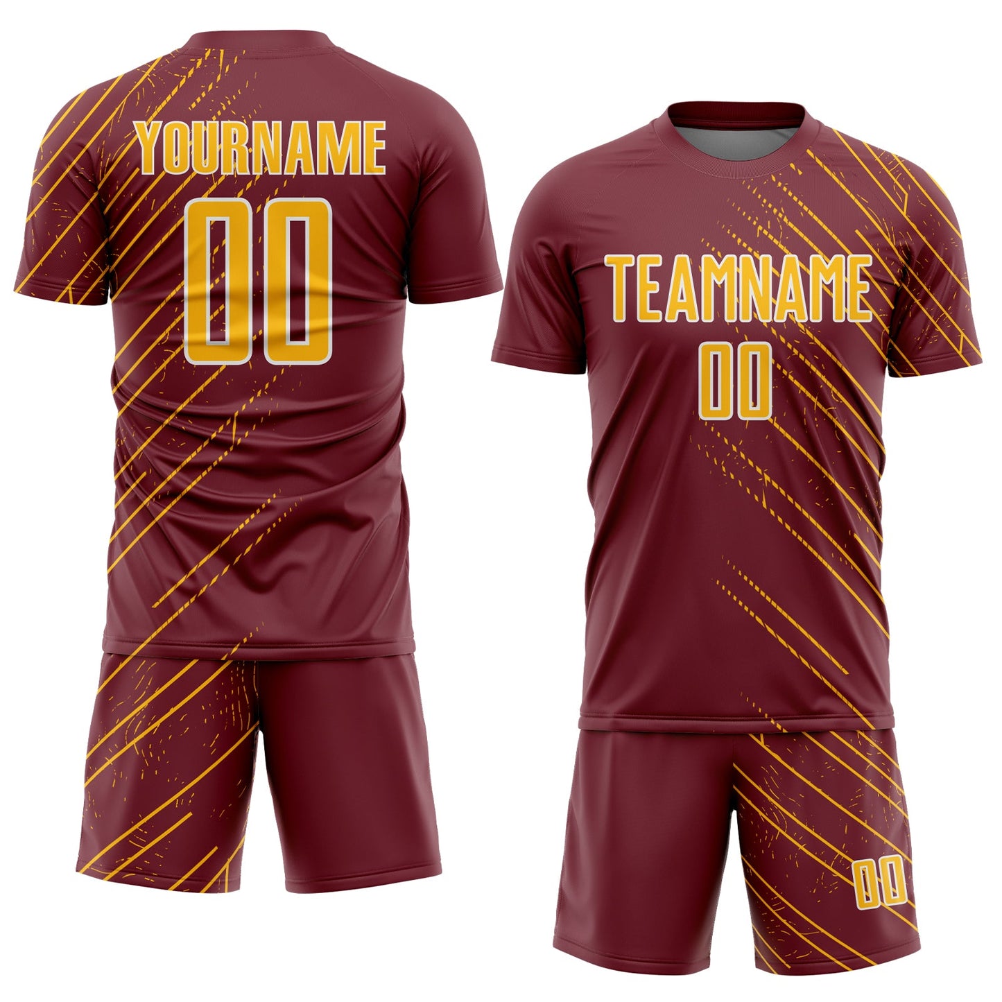 Custom Burgundy Gold-White Lines Sports Sublimation Soccer Uniform Jersey view 2