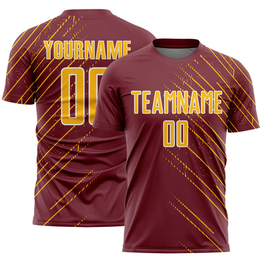 Custom Burgundy Gold-White Lines Sports Sublimation Soccer Uniform Jersey - Main View