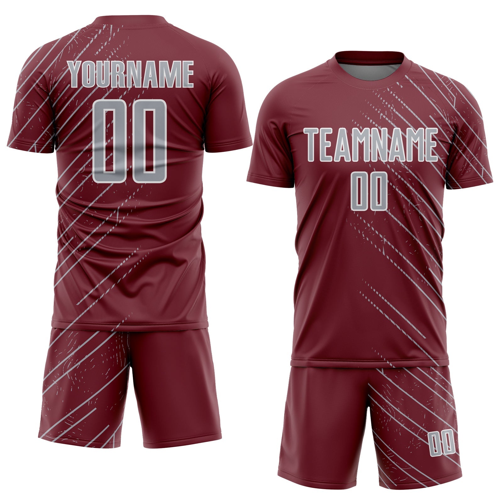 Custom Burgundy Gray-White Lines Sports Sublimation Soccer Uniform Jersey view 2