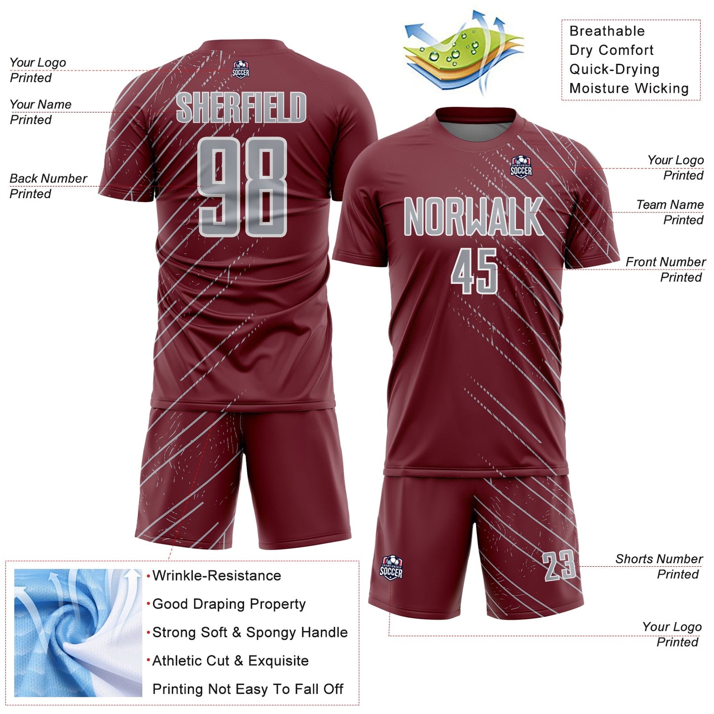 Custom Burgundy Gray-White Lines Sports Sublimation Soccer Uniform Jersey view 4