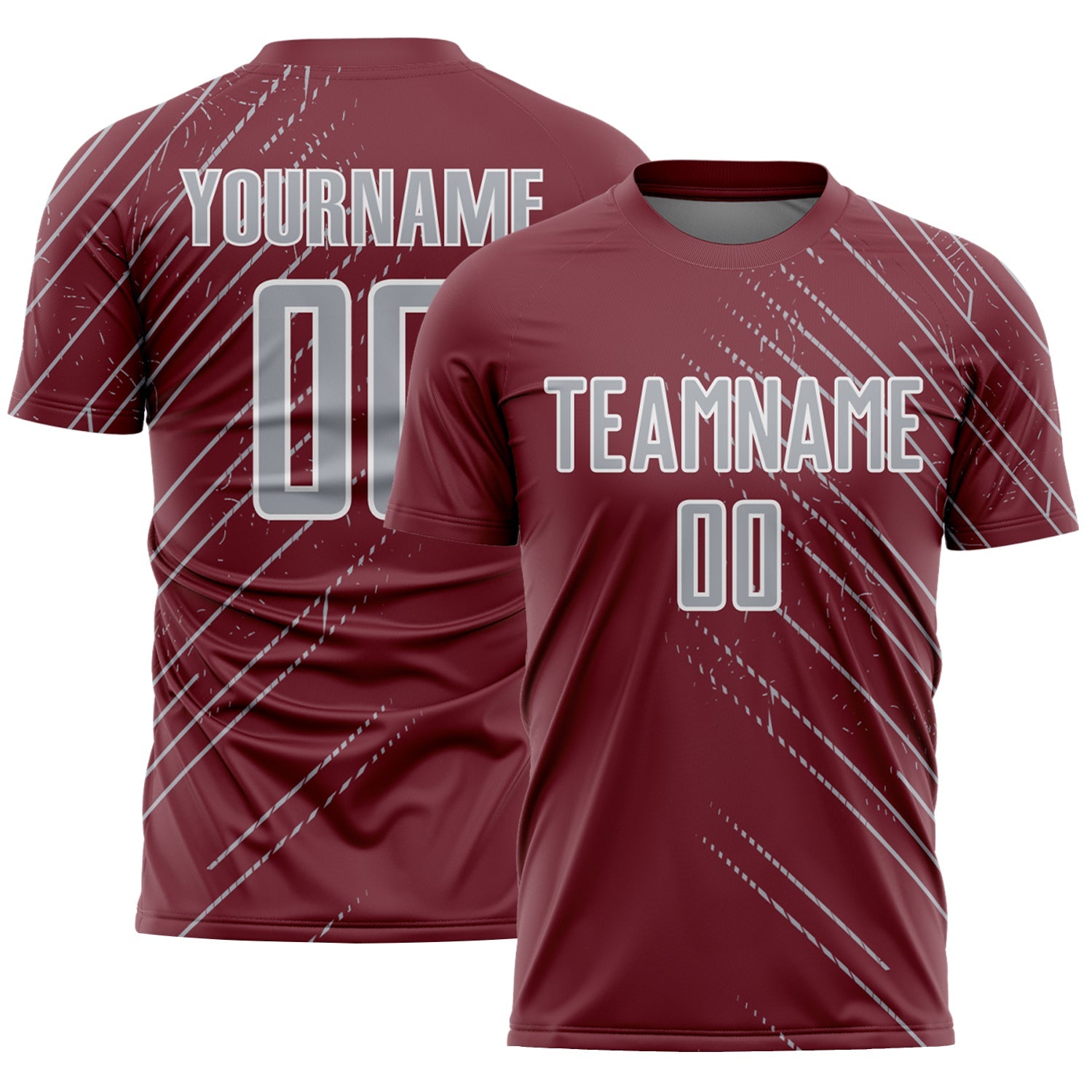 Custom Burgundy Gray-White Lines Sports Sublimation Soccer Uniform Jersey - Main View