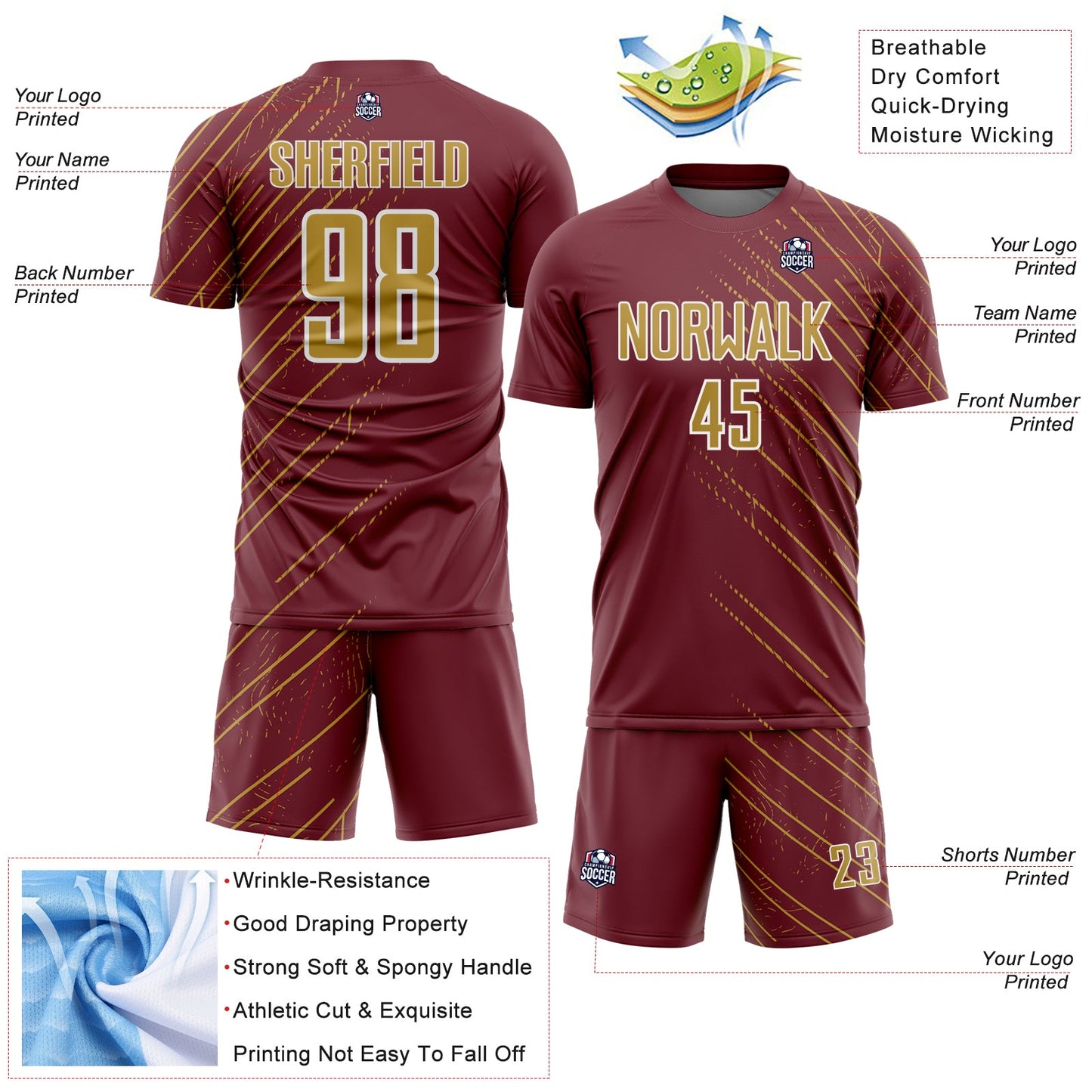 Custom Burgundy Old Gold-White Lines Sports Sublimation Soccer Uniform Jersey view 4