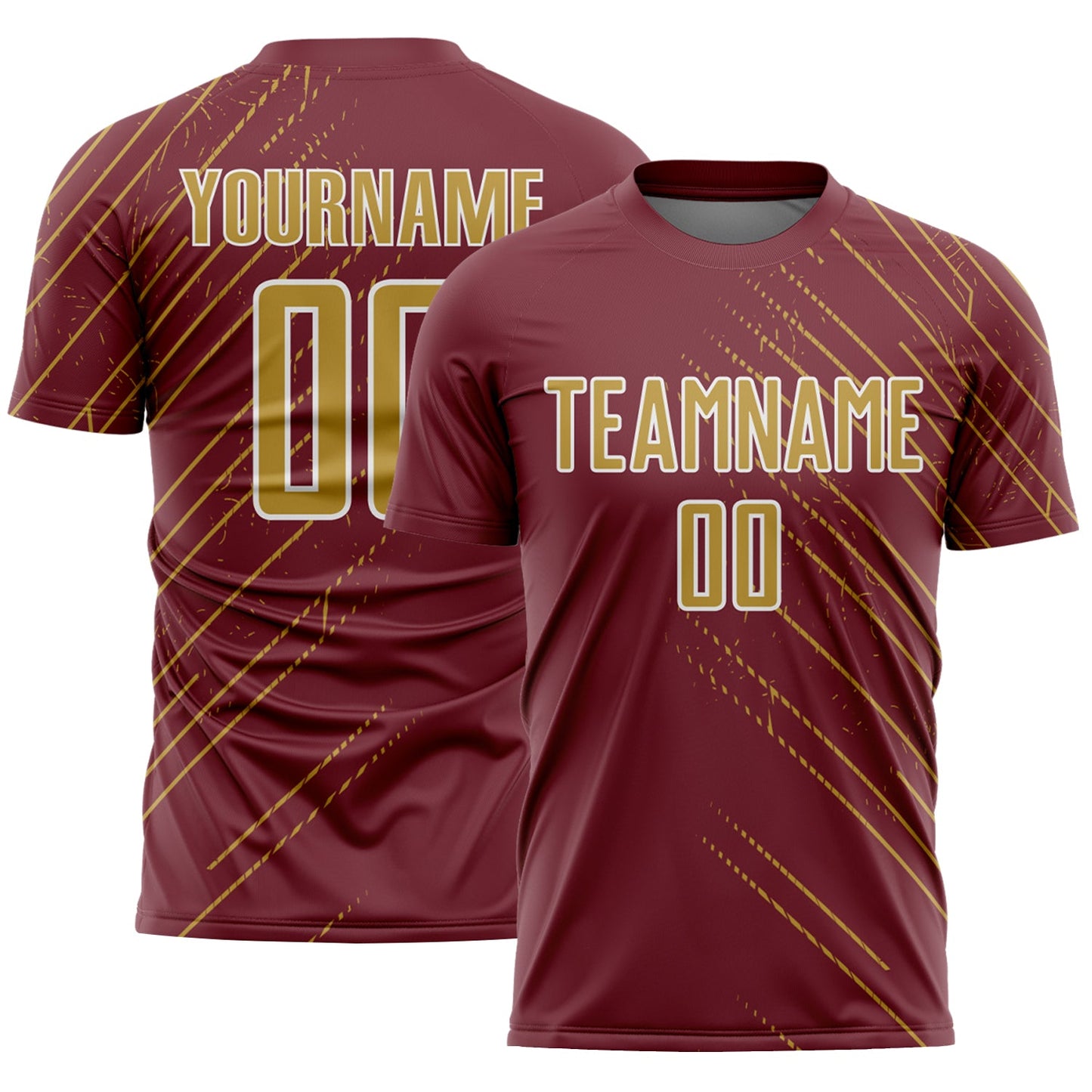 Custom Burgundy Old Gold-White Lines Sports Sublimation Soccer Uniform Jersey - Main View