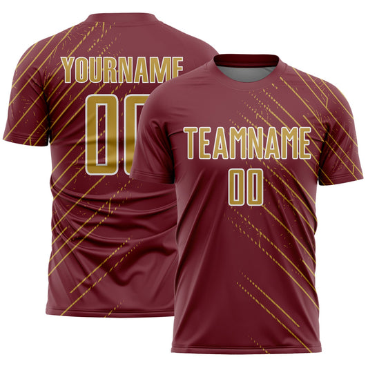 Custom Burgundy Old Gold-White Lines Sports Sublimation Soccer Uniform Jersey - Main View