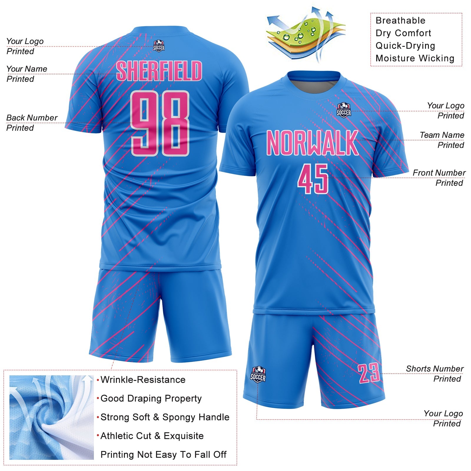 Custom Powder Blue Pink-White Lines Sports Sublimation Soccer Uniform Jersey view 4