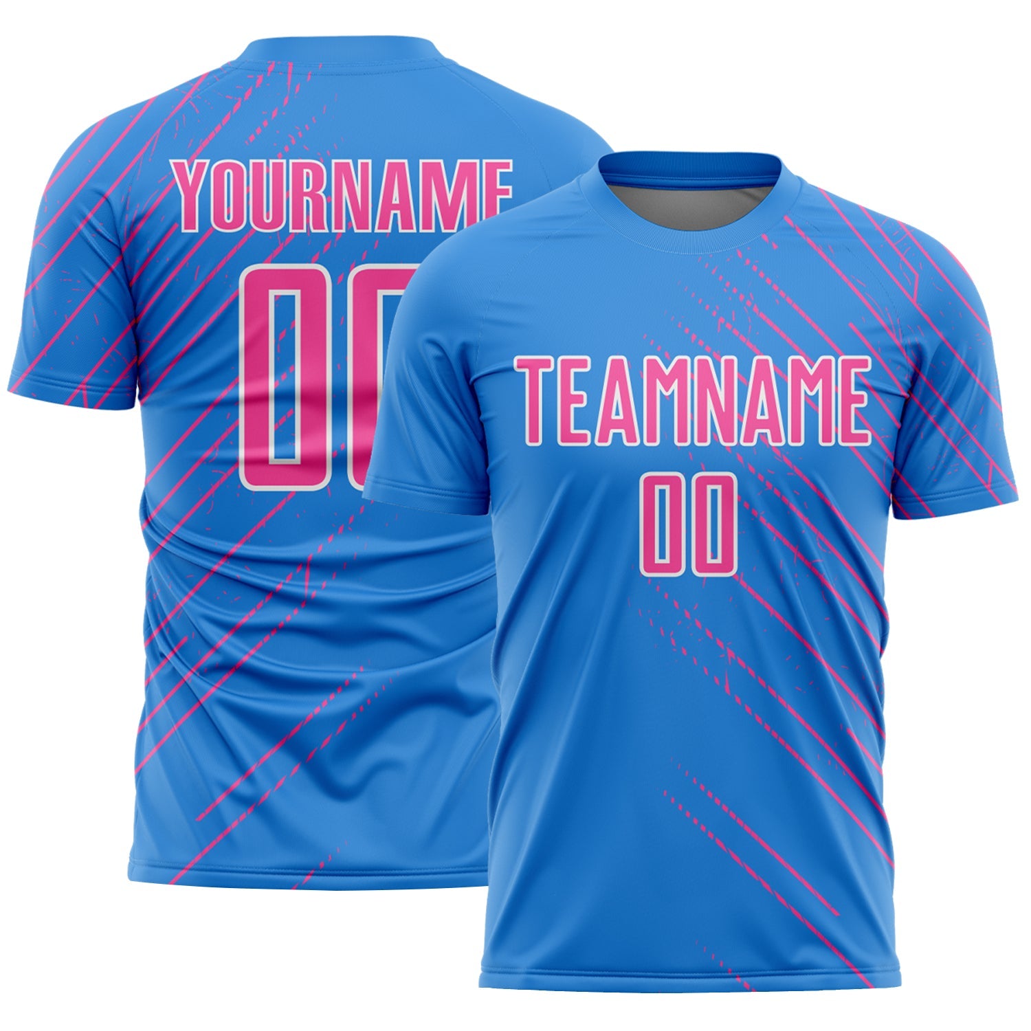 Custom Powder Blue Pink-White Lines Sports Sublimation Soccer Uniform Jersey - Main View