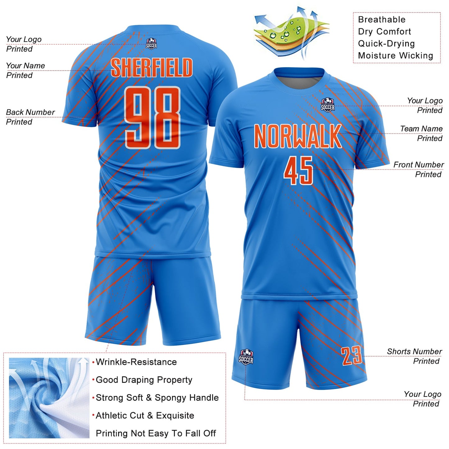 Custom Powder Blue Orange-White Lines Sports Sublimation Soccer Uniform Jersey view 4
