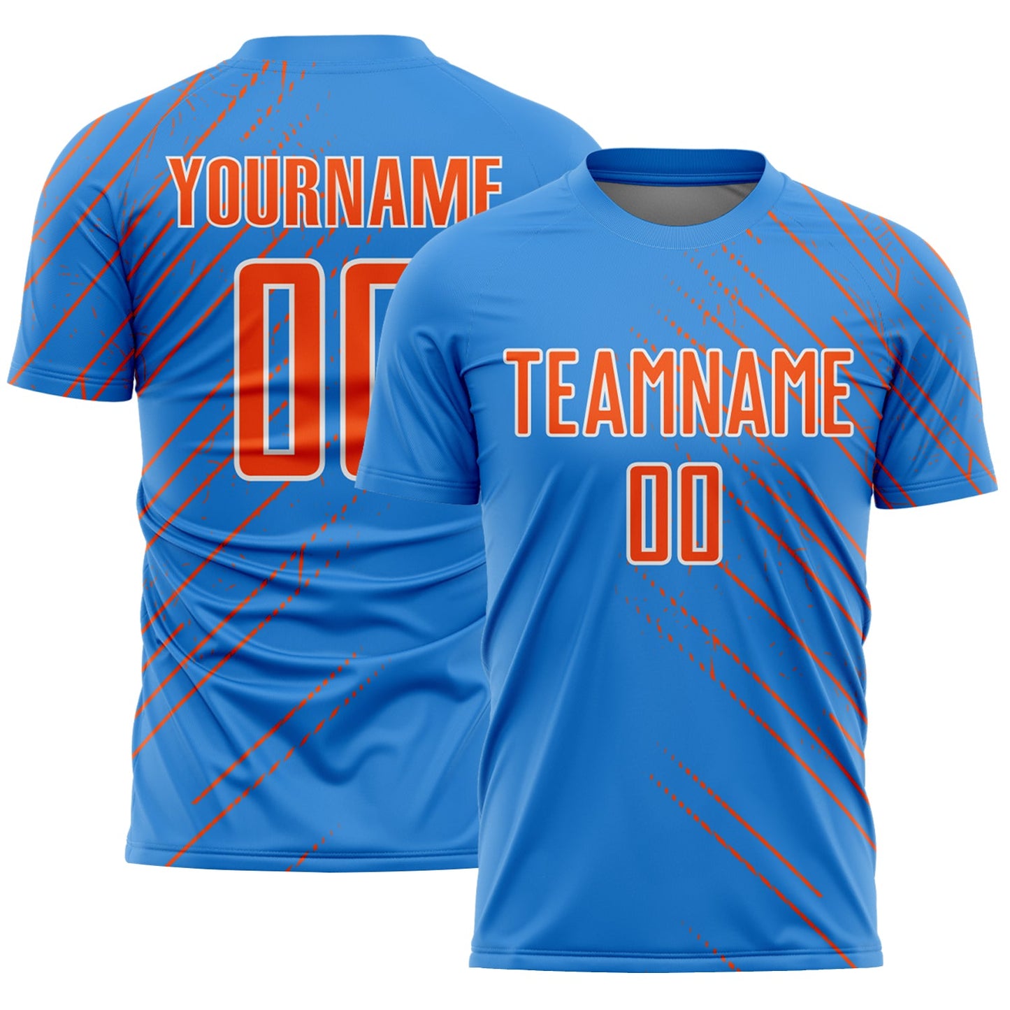 Custom Powder Blue Orange-White Lines Sports Sublimation Soccer Uniform Jersey - Main View