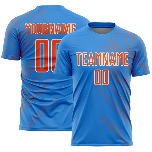 Custom Powder Blue Orange-White Lines Sports Sublimation Soccer Uniform Jersey - Main View