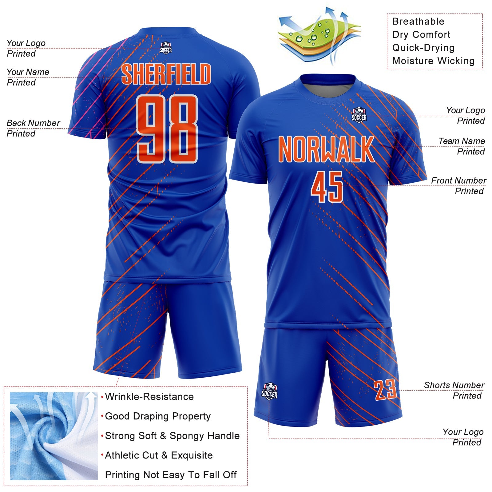 Custom Thunder Blue Orange-White Lines Sports Sublimation Soccer Uniform Jersey view 4