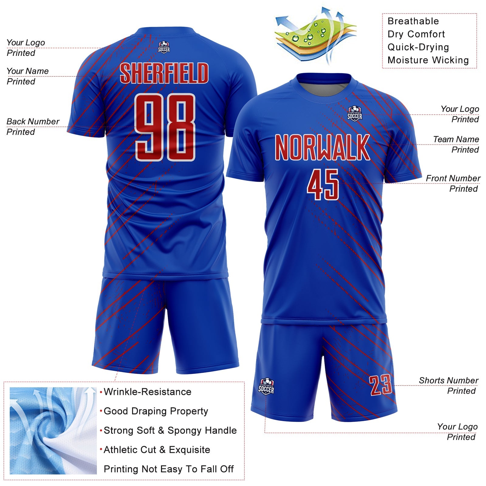 Custom Thunder Blue Red-White Lines Sports Sublimation Soccer Uniform Jersey view 4