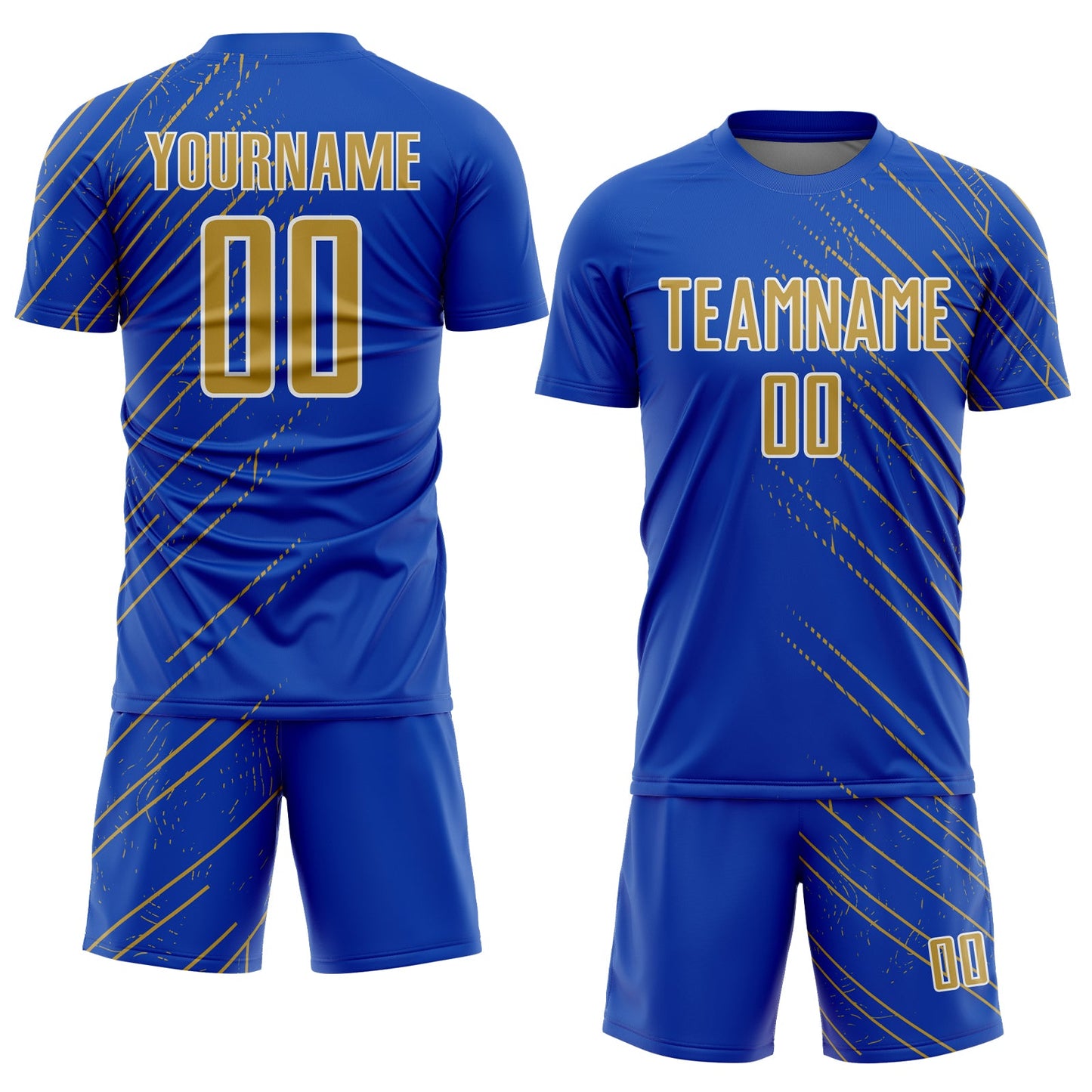 Custom Thunder Blue Old Gold-White Lines Sports Sublimation Soccer Uniform Jersey view 2