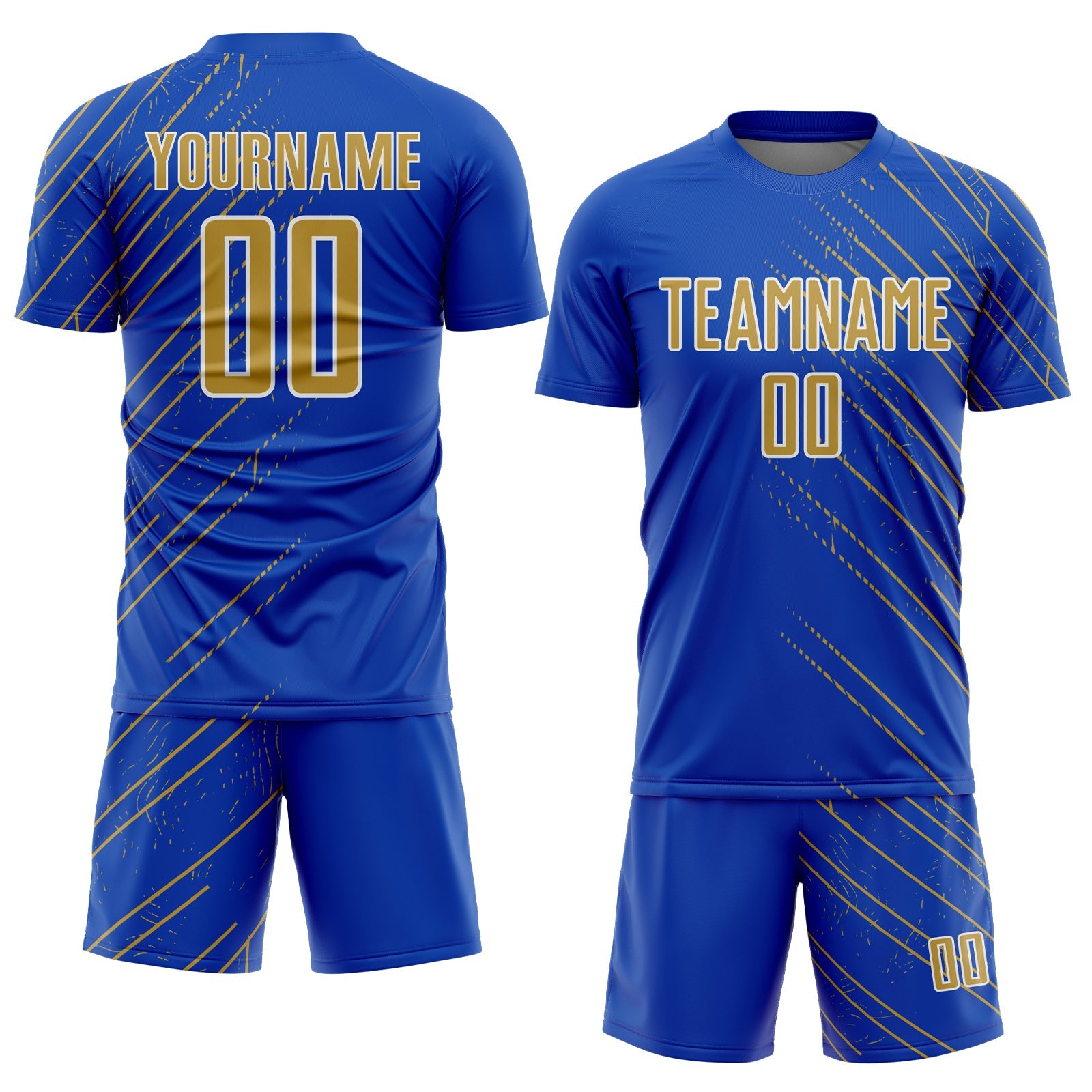 Custom Thunder Blue Old Gold-White Lines Sports Sublimation Soccer Uniform Jersey view 2