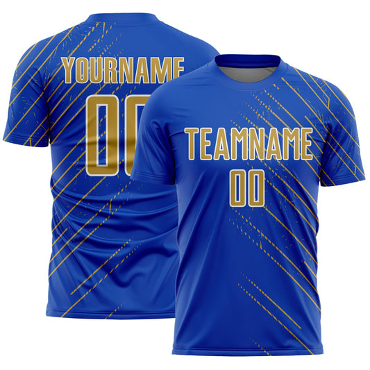 Custom Thunder Blue Old Gold-White Lines Sports Sublimation Soccer Uniform Jersey - Main View