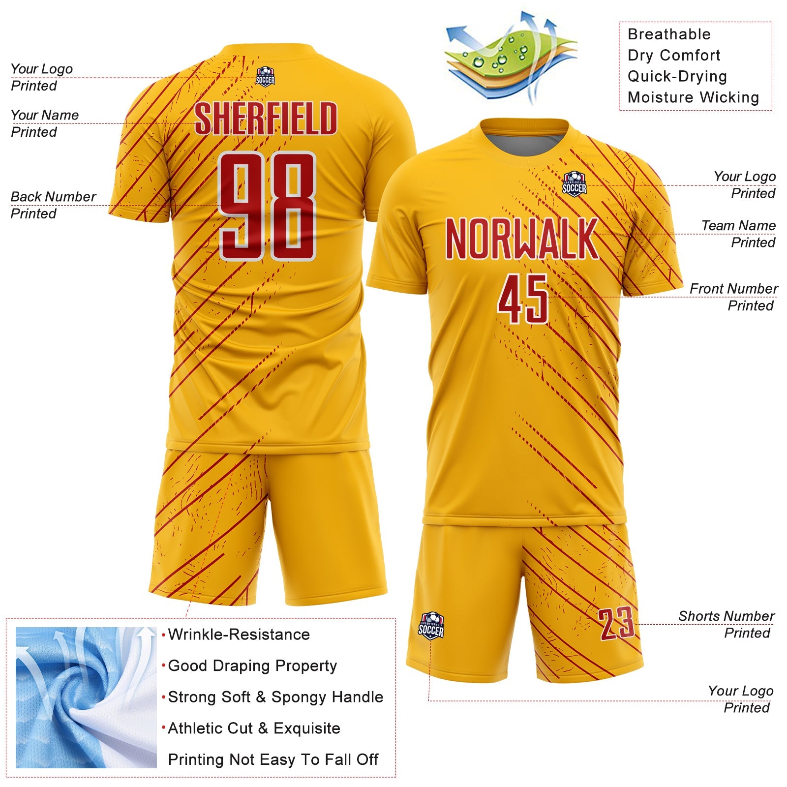 Custom Gold Red-White Lines Sports Sublimation Soccer Uniform Jersey view 4