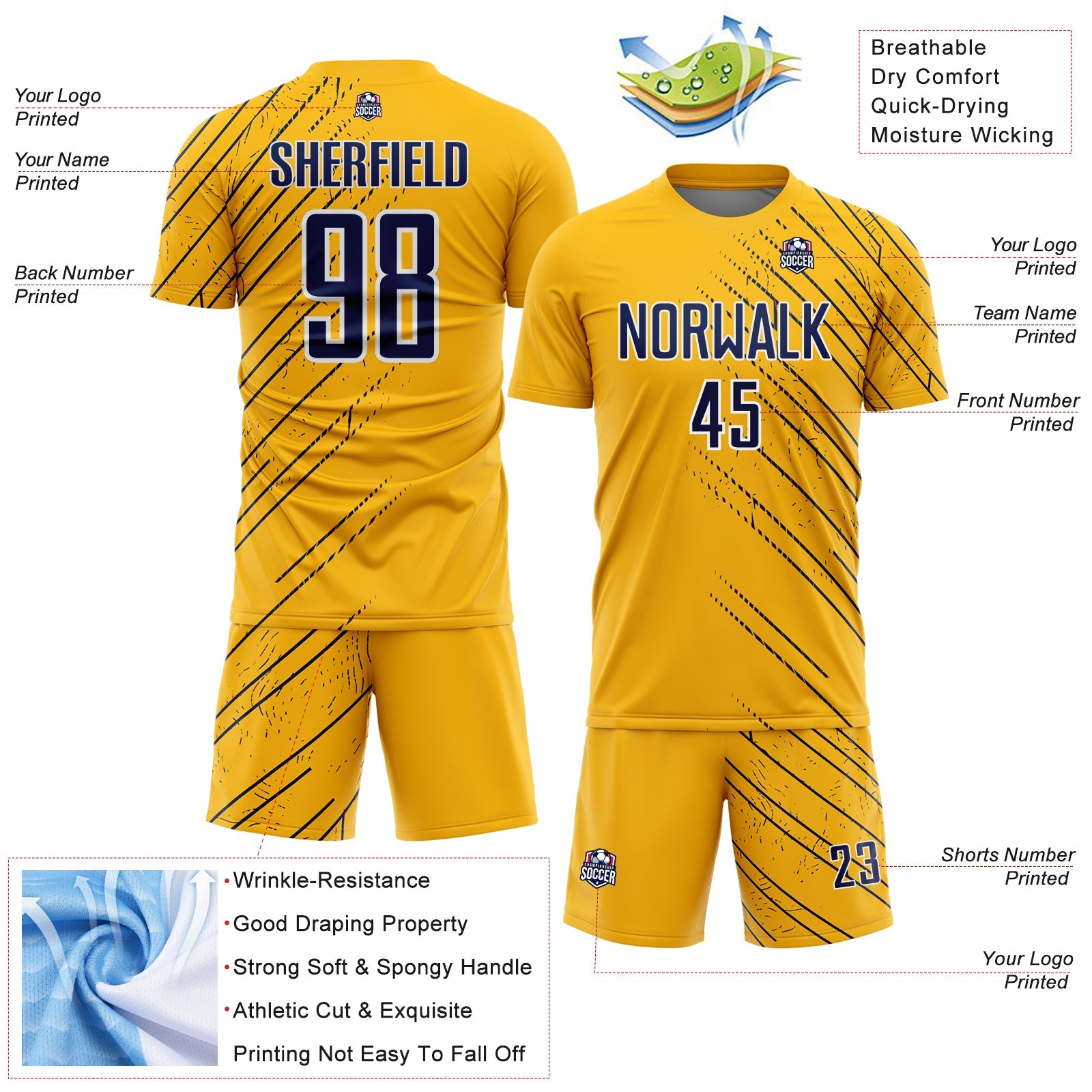 Custom Gold Navy-White Lines Sports Sublimation Soccer Uniform Jersey view 4
