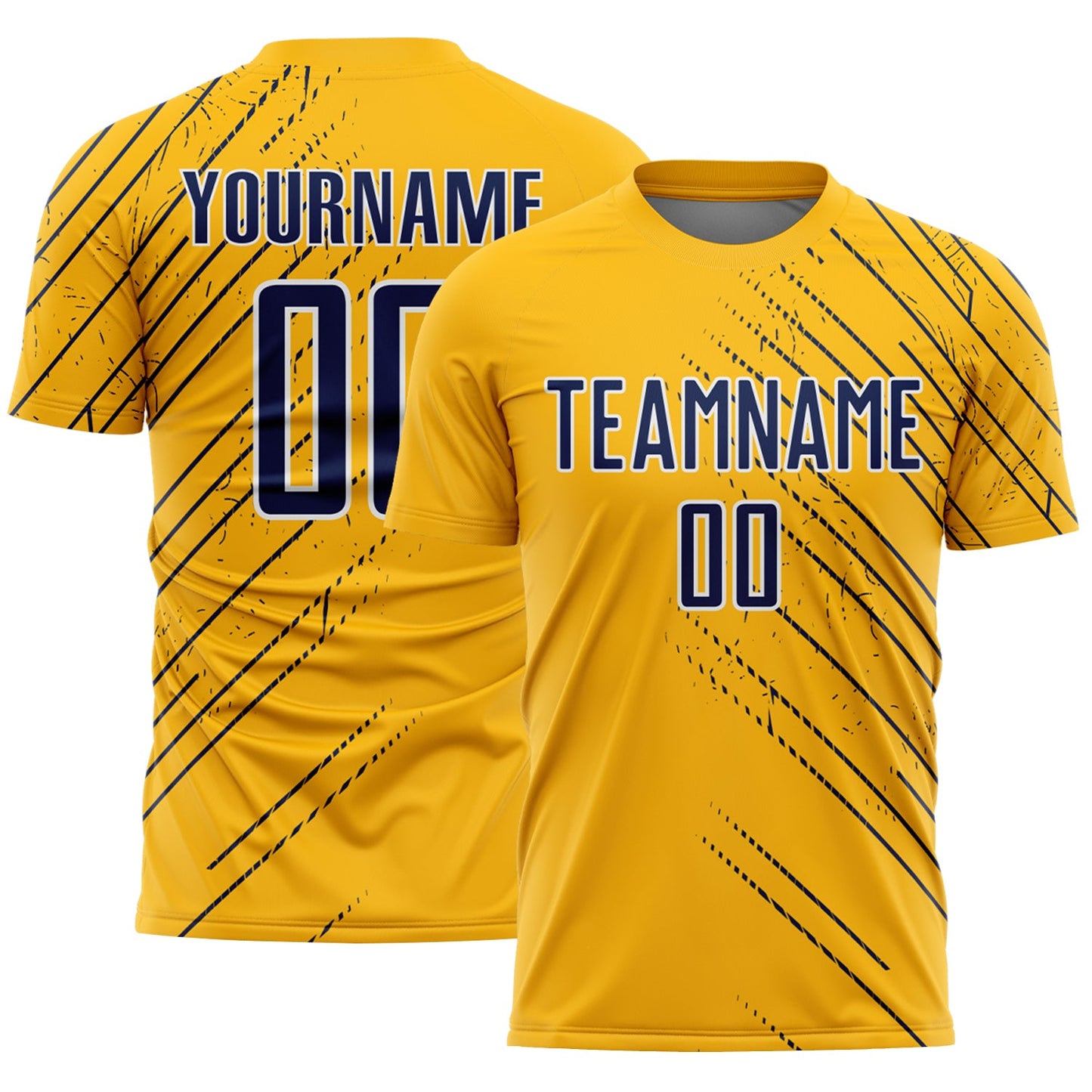 Custom Gold Navy-White Lines Sports Sublimation Soccer Uniform Jersey - Main View