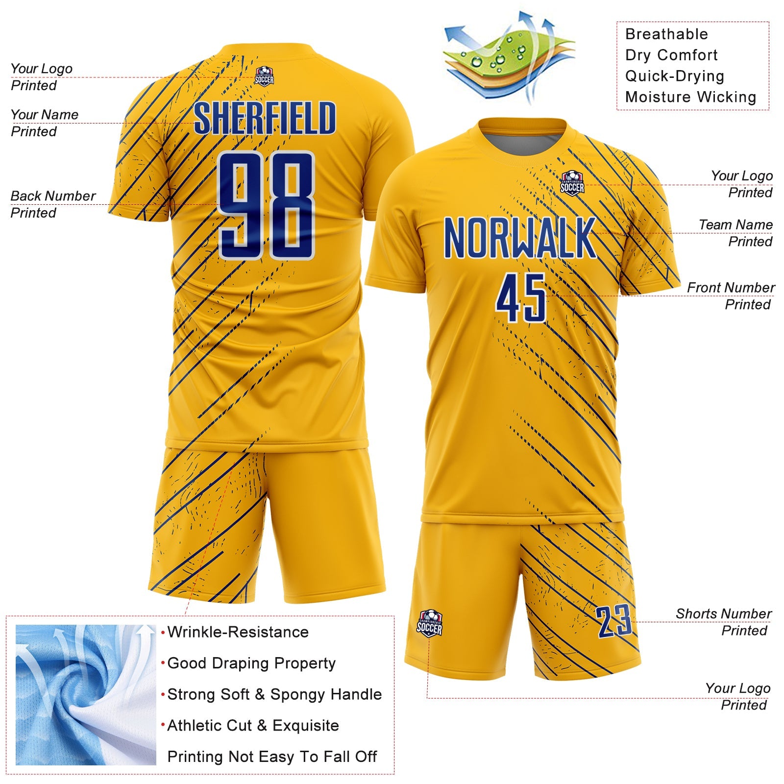 Custom Gold Royal-White Lines Sports Sublimation Soccer Uniform Jersey view 4