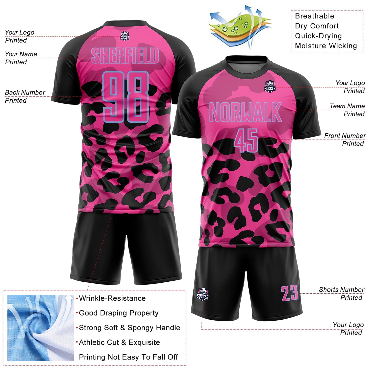 Custom Black Pink-Light Blue Animal Leopard Print Sports Sublimation Soccer Uniform Jersey view 4