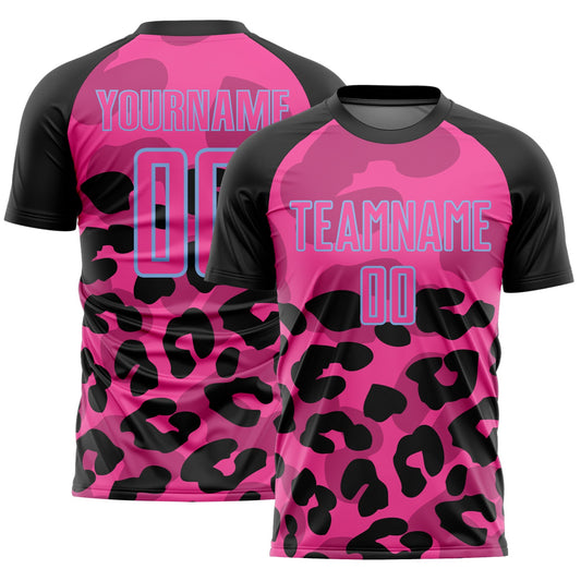 Custom Black Pink-Light Blue Animal Leopard Print Sports Sublimation Soccer Uniform Jersey - Main View