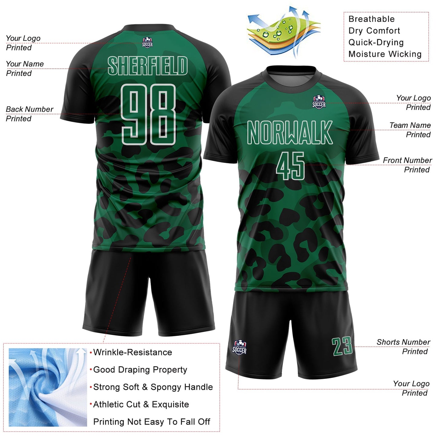 Custom Black Kelly Green-White Animal Leopard Print Sports Sublimation Soccer Uniform Jersey view 4
