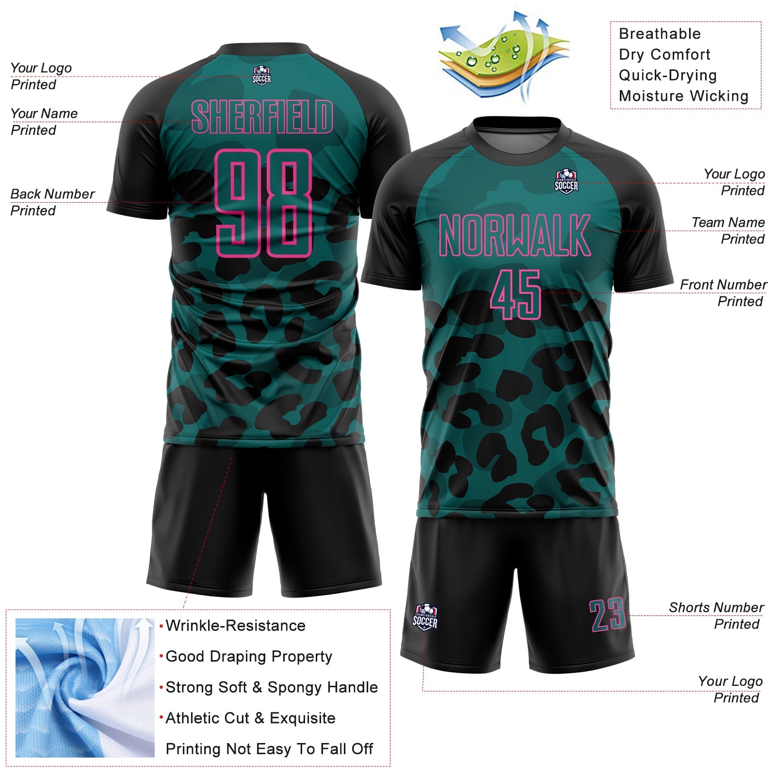 Custom Black Teal-Pink Animal Leopard Print Sports Sublimation Soccer Uniform Jersey view 4