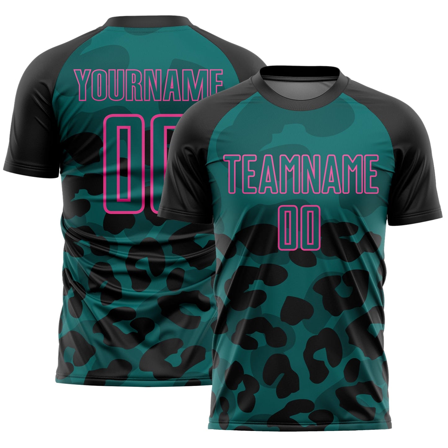 Custom Black Teal-Pink Animal Leopard Print Sports Sublimation Soccer Uniform Jersey - Main View