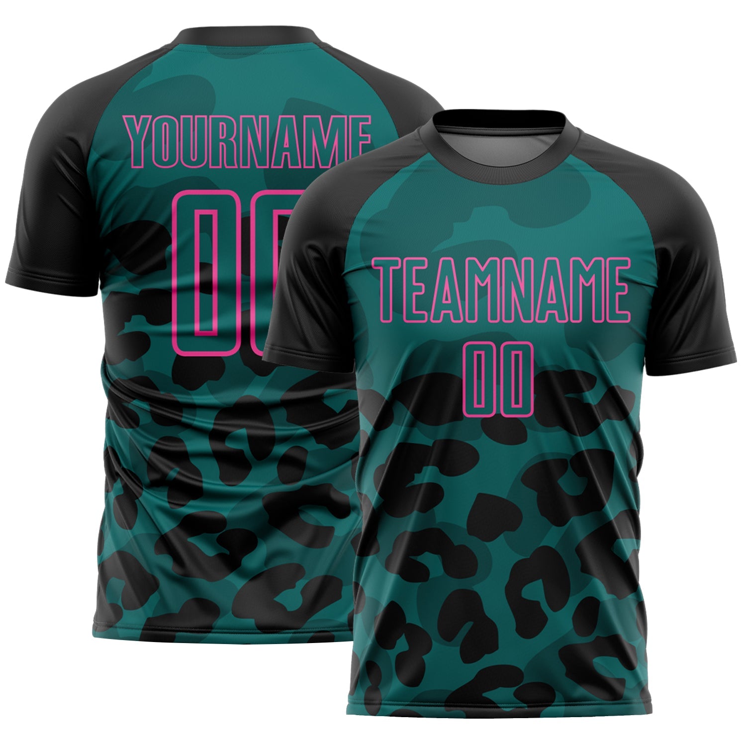 Custom Black Teal-Pink Animal Leopard Print Sports Sublimation Soccer Uniform Jersey - Main View