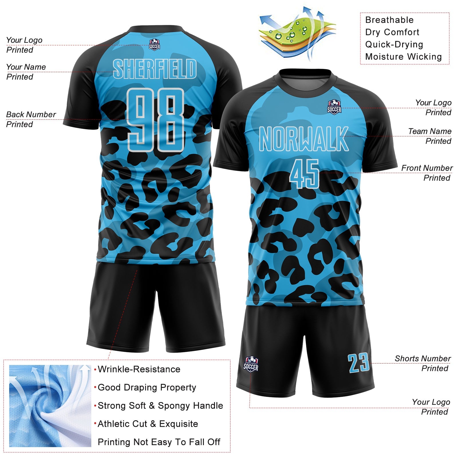 Custom Black Sky Blue-White Animal Leopard Print Sports Sublimation Soccer Uniform Jersey view 4