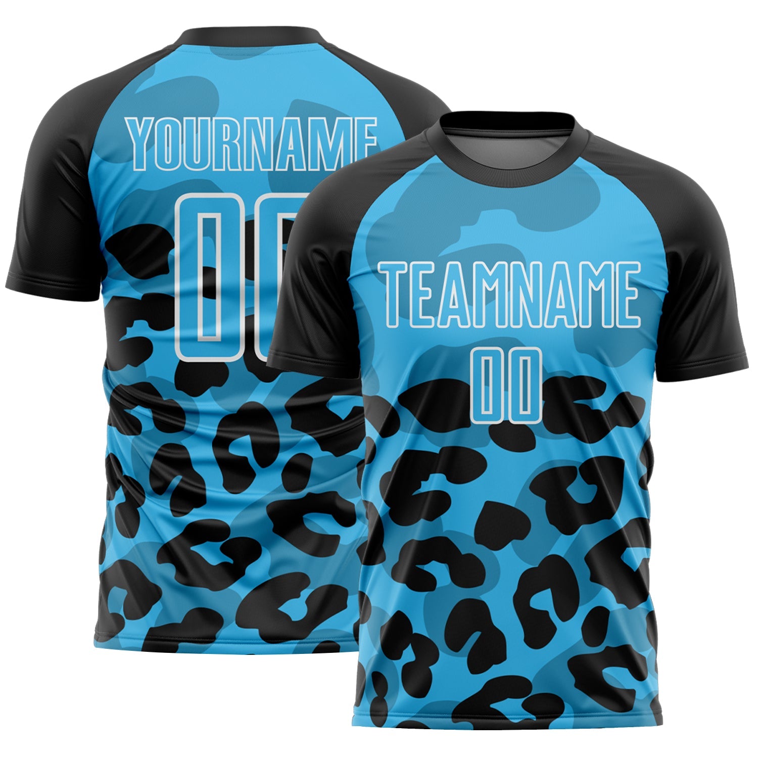 Custom Black Sky Blue-White Animal Leopard Print Sports Sublimation Soccer Uniform Jersey - Main View