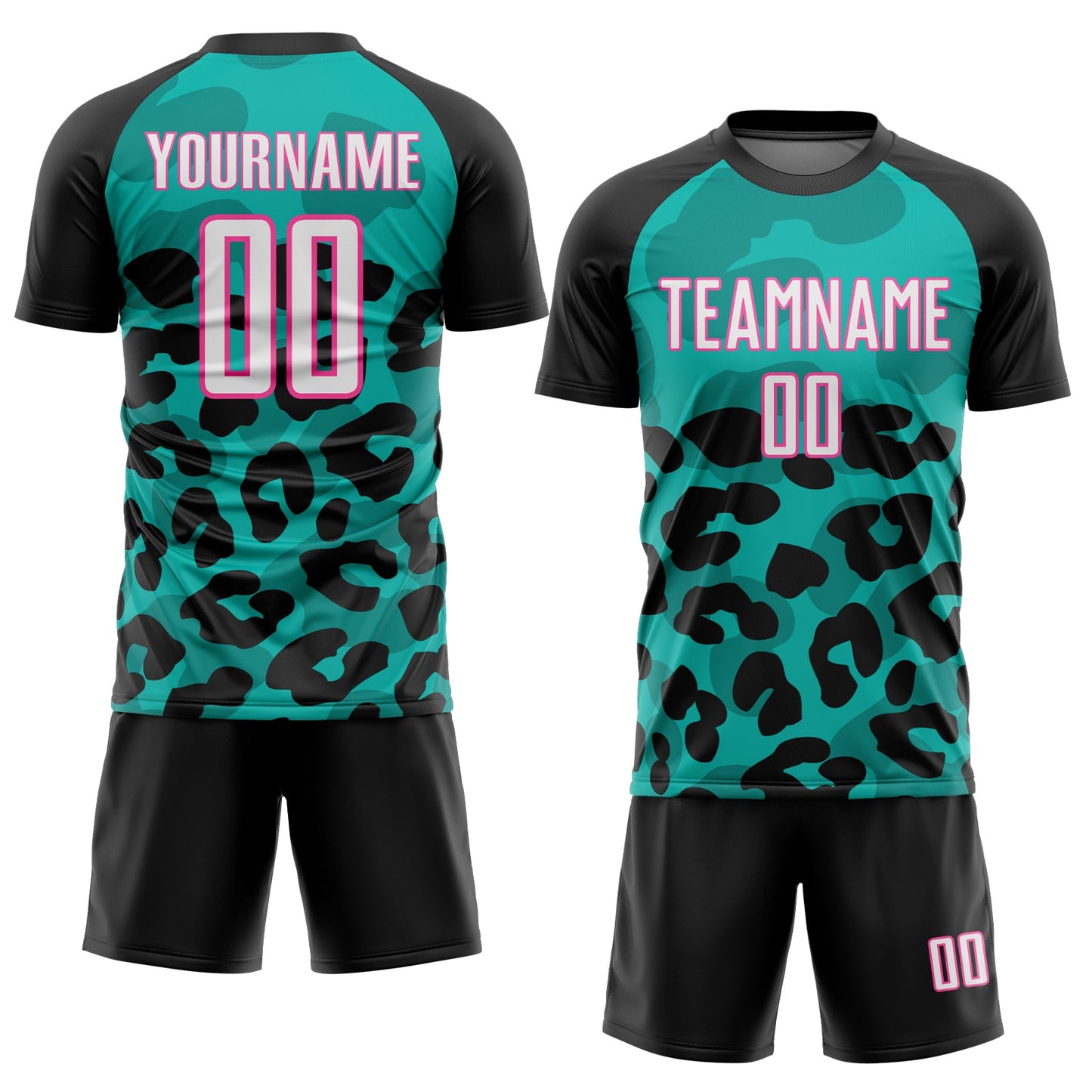 Custom Black White Aqua-Pink Animal Leopard Print Sports Sublimation Soccer Uniform Jersey view 2