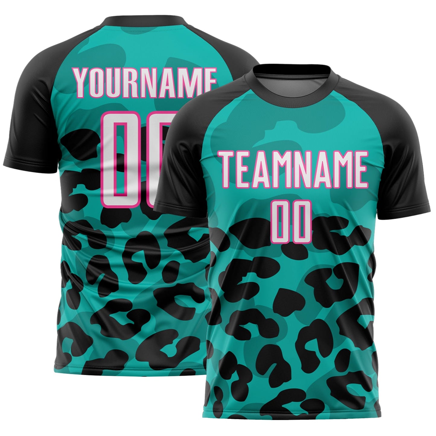 Custom Black White Aqua-Pink Animal Leopard Print Sports Sublimation Soccer Uniform Jersey - Main View