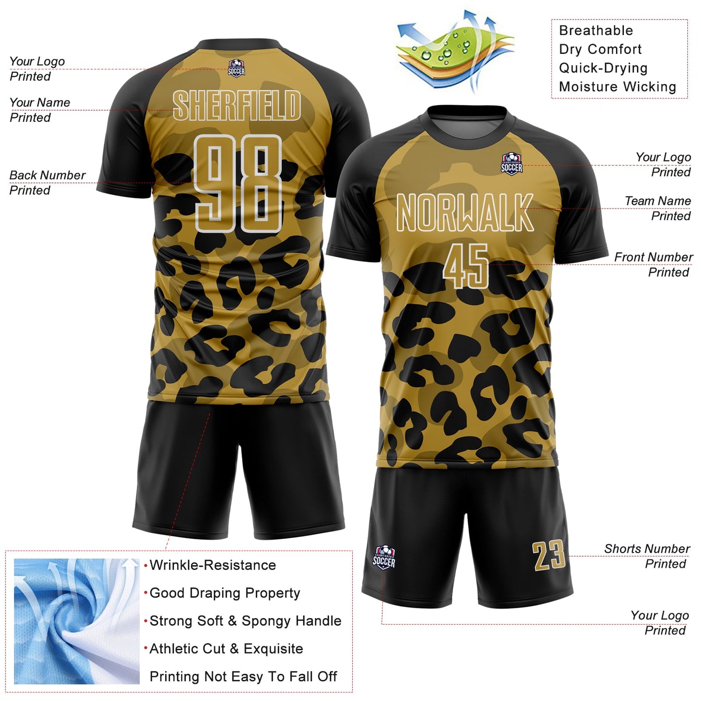 Custom Black Old Gold-White Animal Leopard Print Sports Sublimation Soccer Uniform Jersey view 4