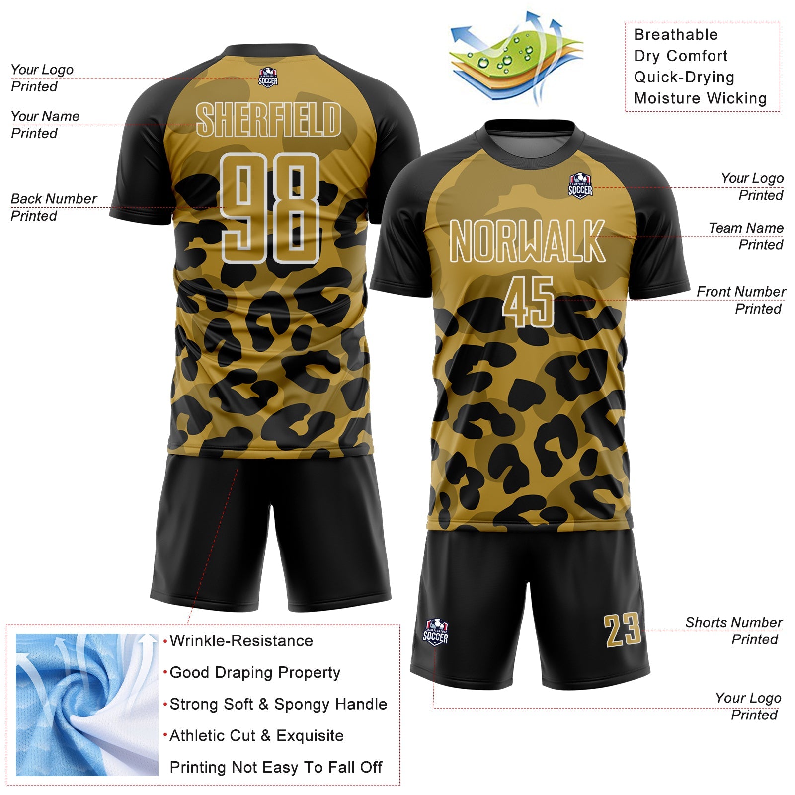 Custom Black Old Gold-White Animal Leopard Print Sports Sublimation Soccer Uniform Jersey view 4