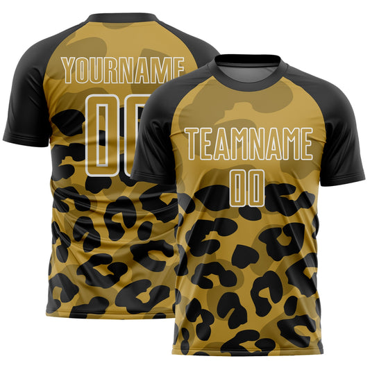 Custom Black Old Gold-White Animal Leopard Print Sports Sublimation Soccer Uniform Jersey - Main View