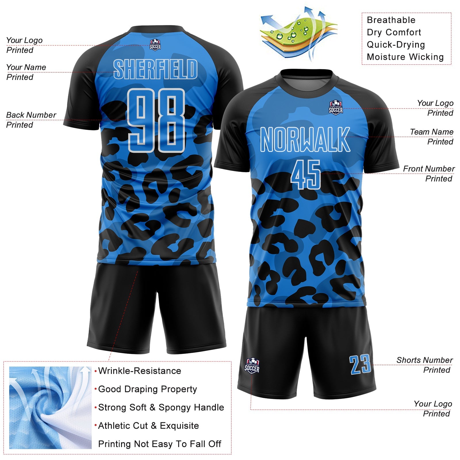 Custom Black Powder Blue-White Animal Leopard Print Sports Sublimation Soccer Uniform Jersey view 4