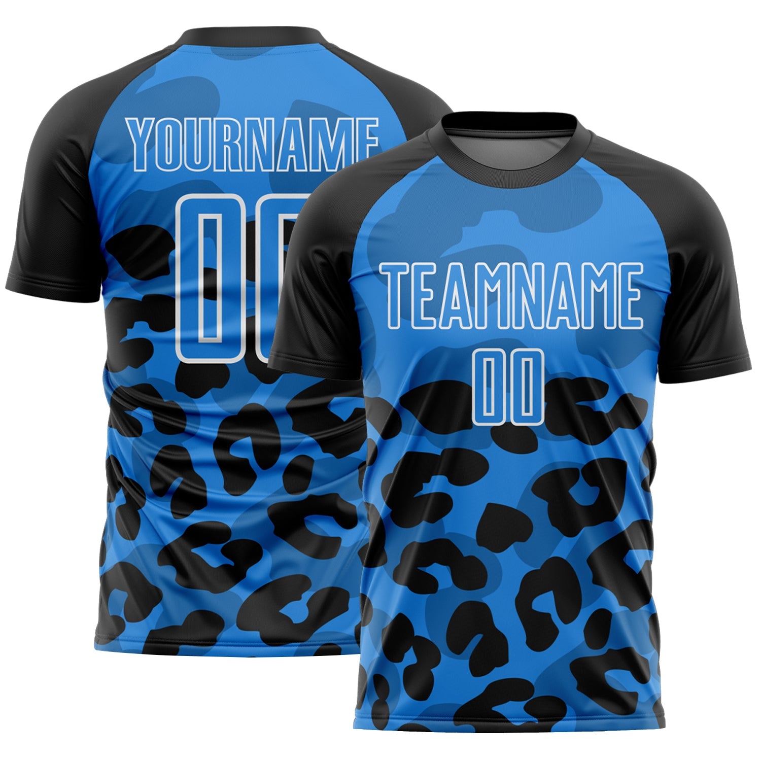 Custom Black Powder Blue-White Animal Leopard Print Sports Sublimation Soccer Uniform Jersey - Main View
