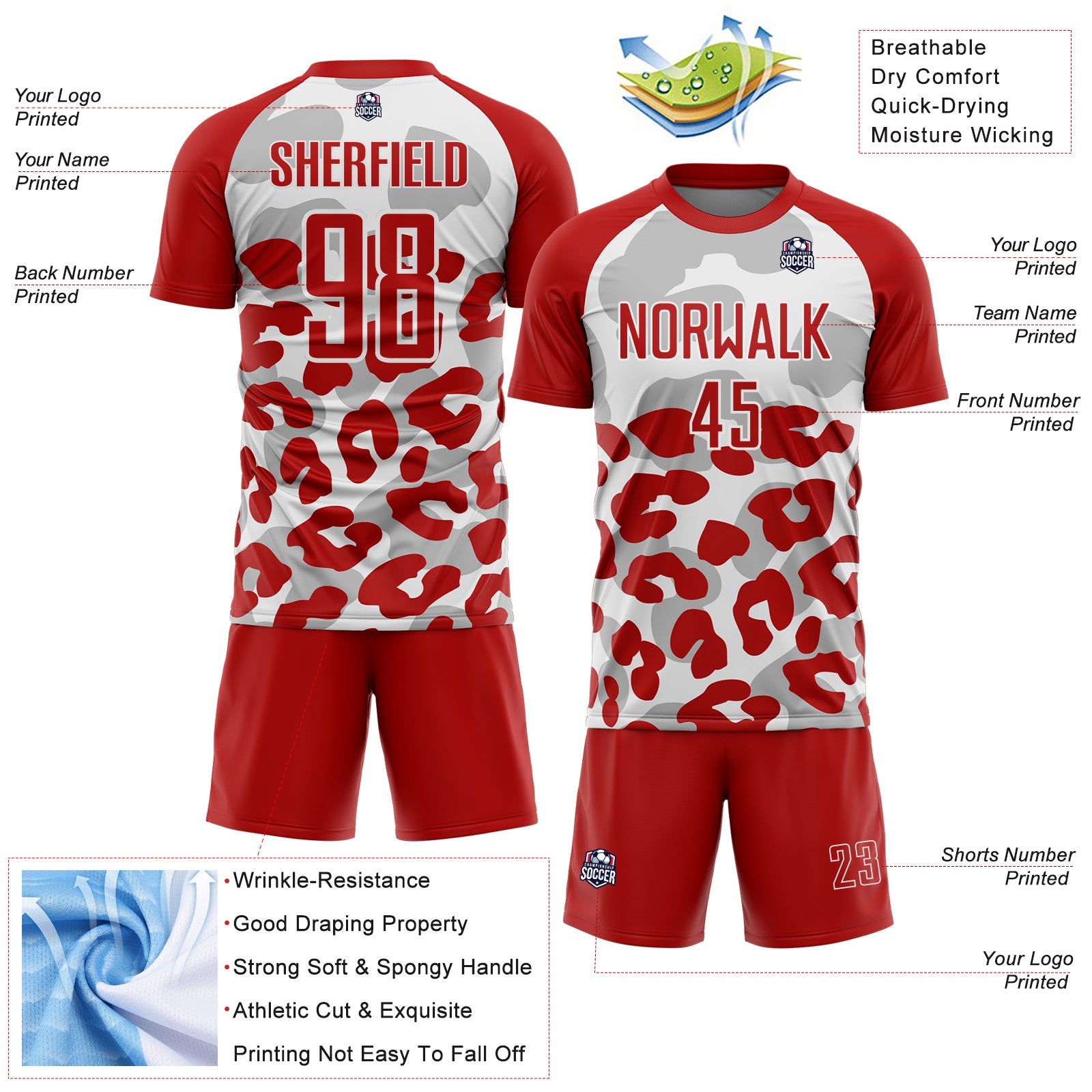 Custom Red White Animal Leopard Print Sports Sublimation Soccer Uniform Jersey view 4