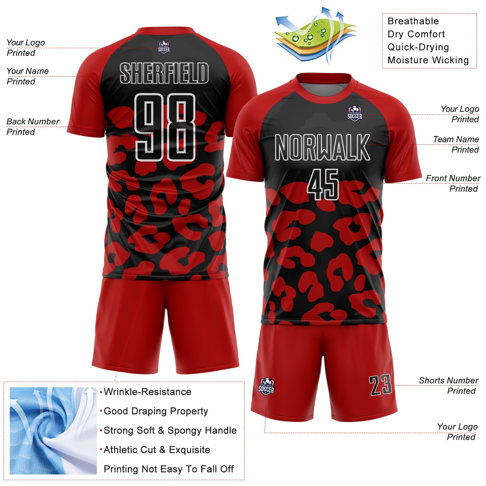 Custom Red Black-White Animal Leopard Print Sports Sublimation Soccer Uniform Jersey view 4