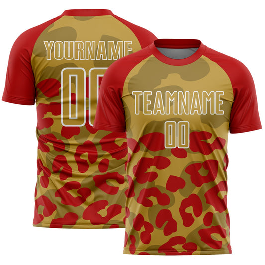 Custom Red Old Gold-White Animal Leopard Print Sports Sublimation Soccer Uniform Jersey - Main View