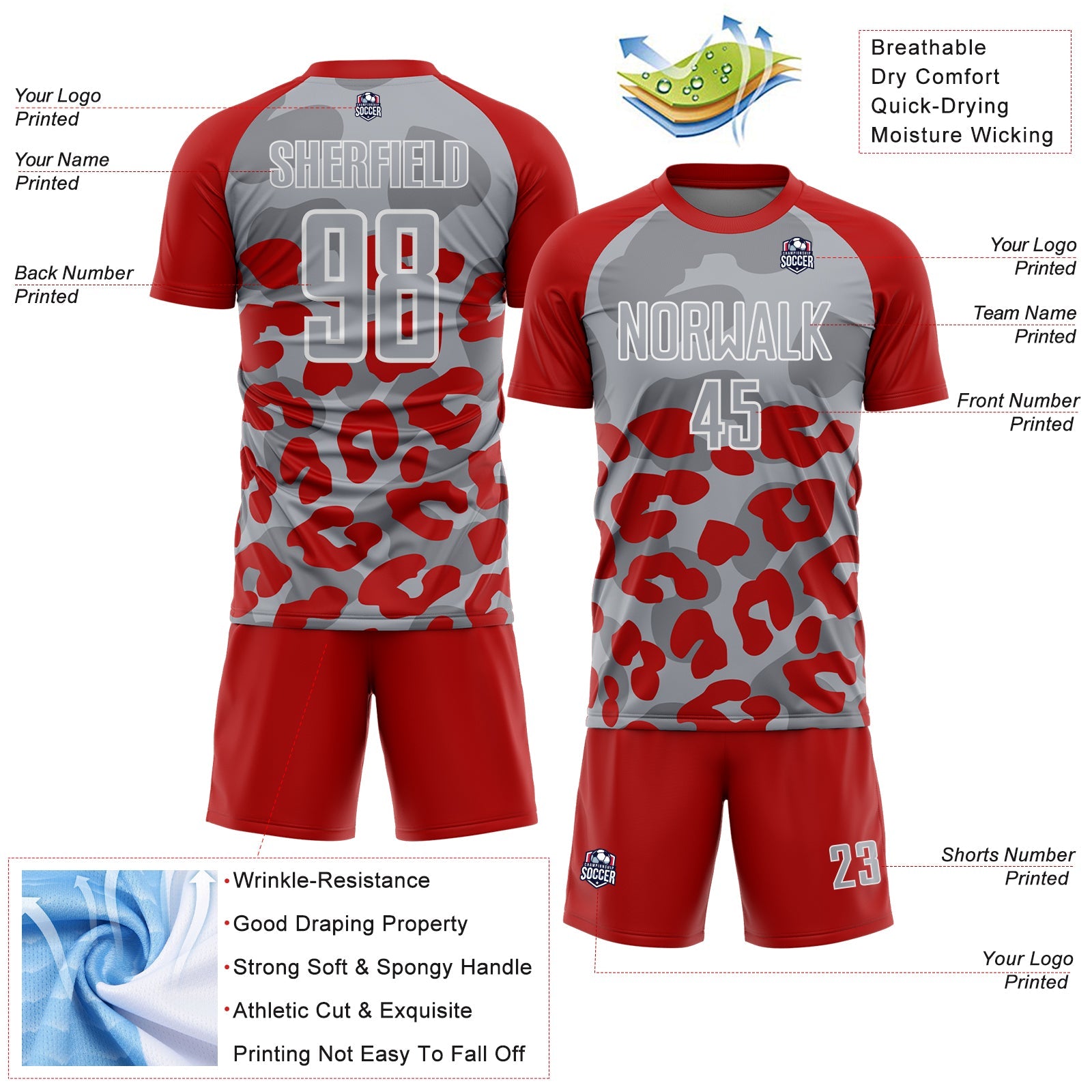 Custom Red Gray-White Animal Leopard Print Sports Sublimation Soccer Uniform Jersey view 4