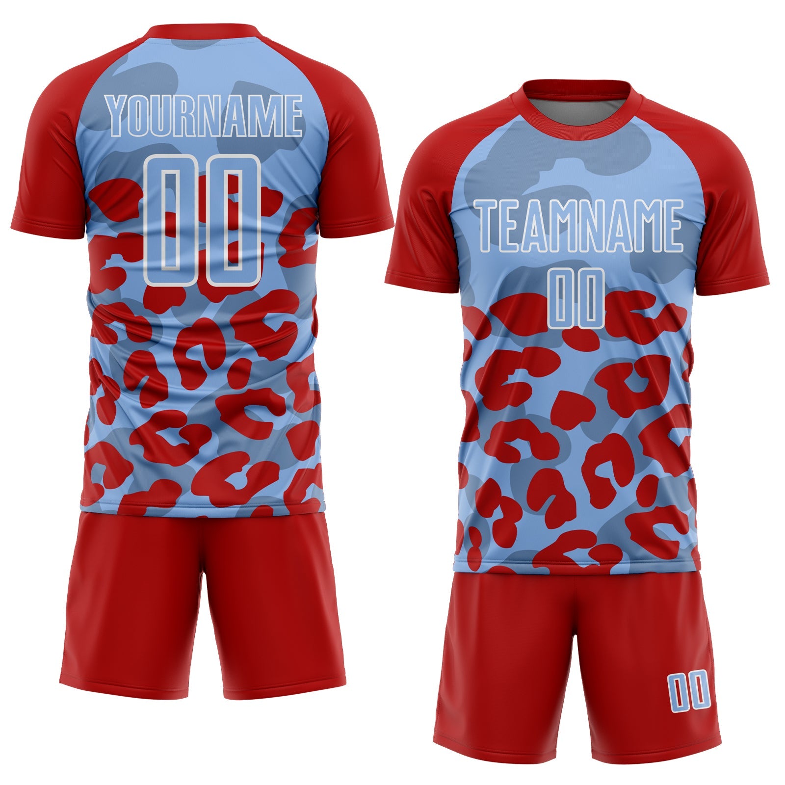 Custom Red Light Blue-White Animal Leopard Print Sports Sublimation Soccer Uniform Jersey view 2