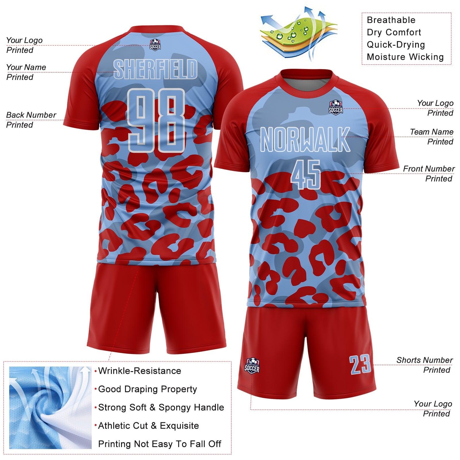 Custom Red Light Blue-White Animal Leopard Print Sports Sublimation Soccer Uniform Jersey view 4