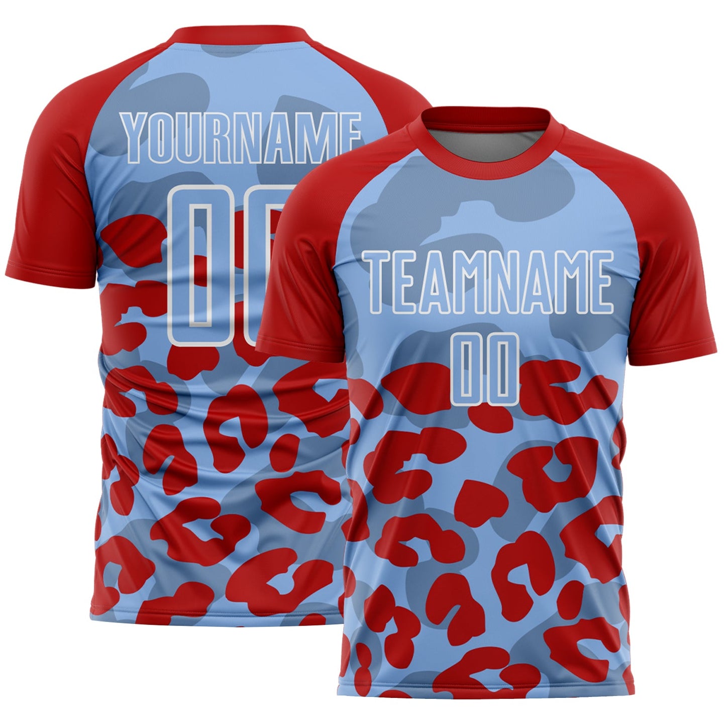 Custom Red Light Blue-White Animal Leopard Print Sports Sublimation Soccer Uniform Jersey - Main View
