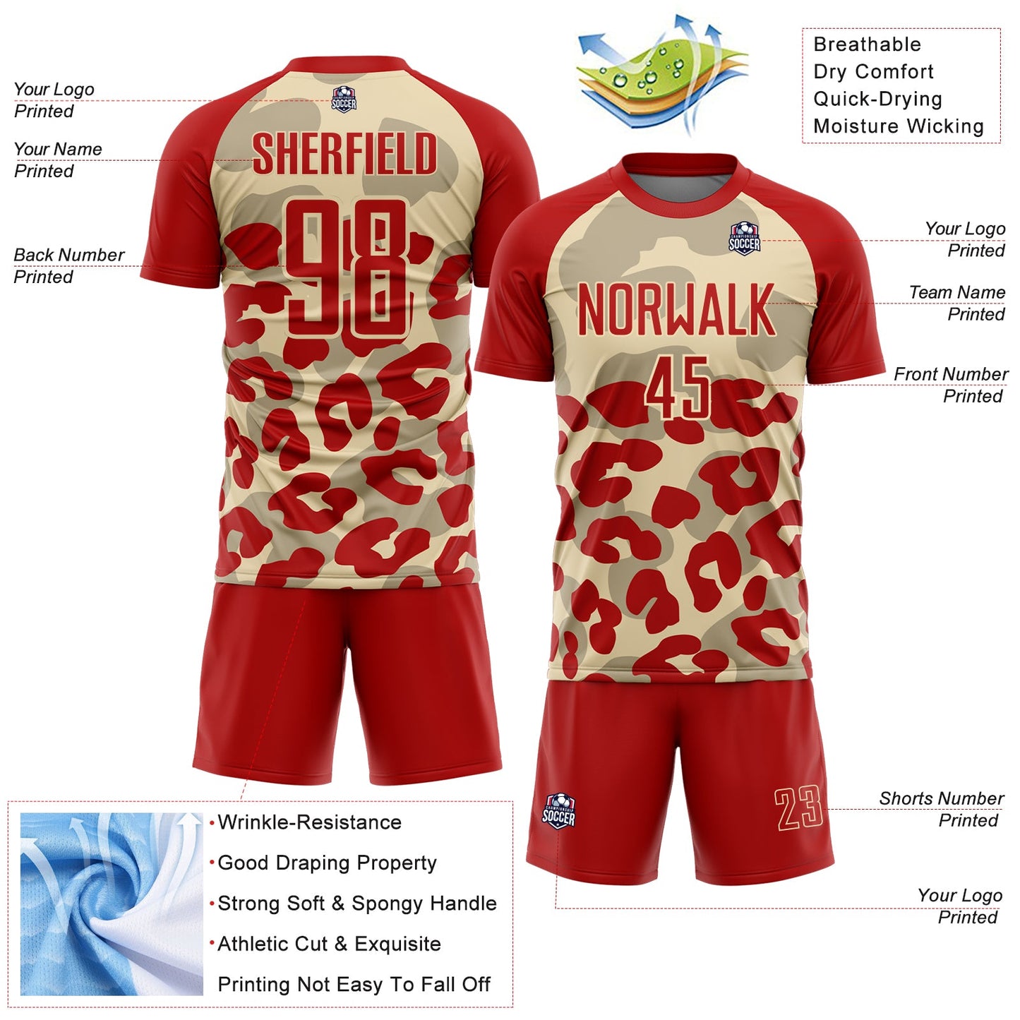 Custom Red Cream Animal Leopard Print Sports Sublimation Soccer Uniform Jersey view 4